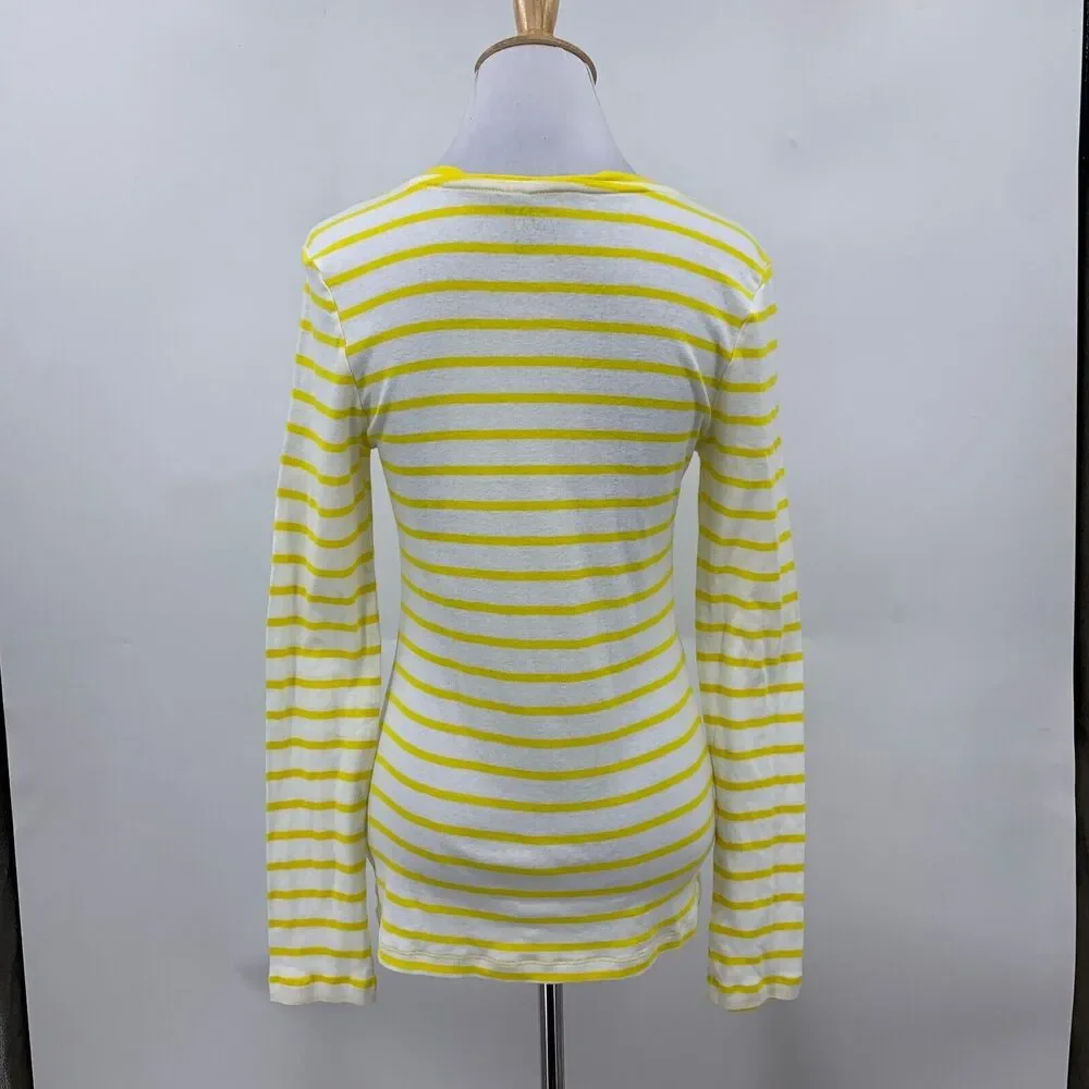 Old Navy V Neck Tee Womens S Small Lemon Striped Long Sleeve Cotton Shirt